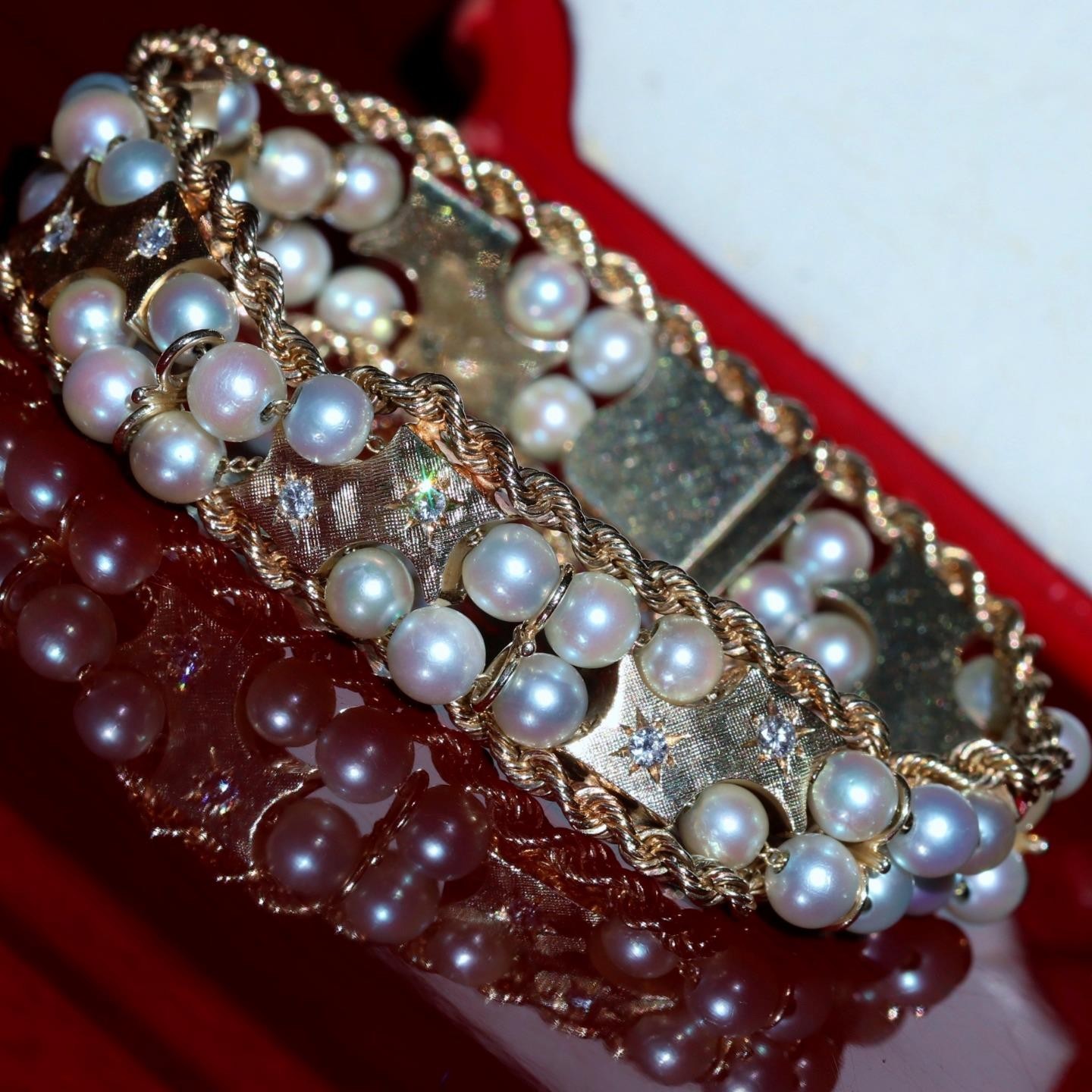 14k yellow gold bracelet 5-5.5mm cultured pearl 0.5ct diamond 7.5″ antique 43.0g