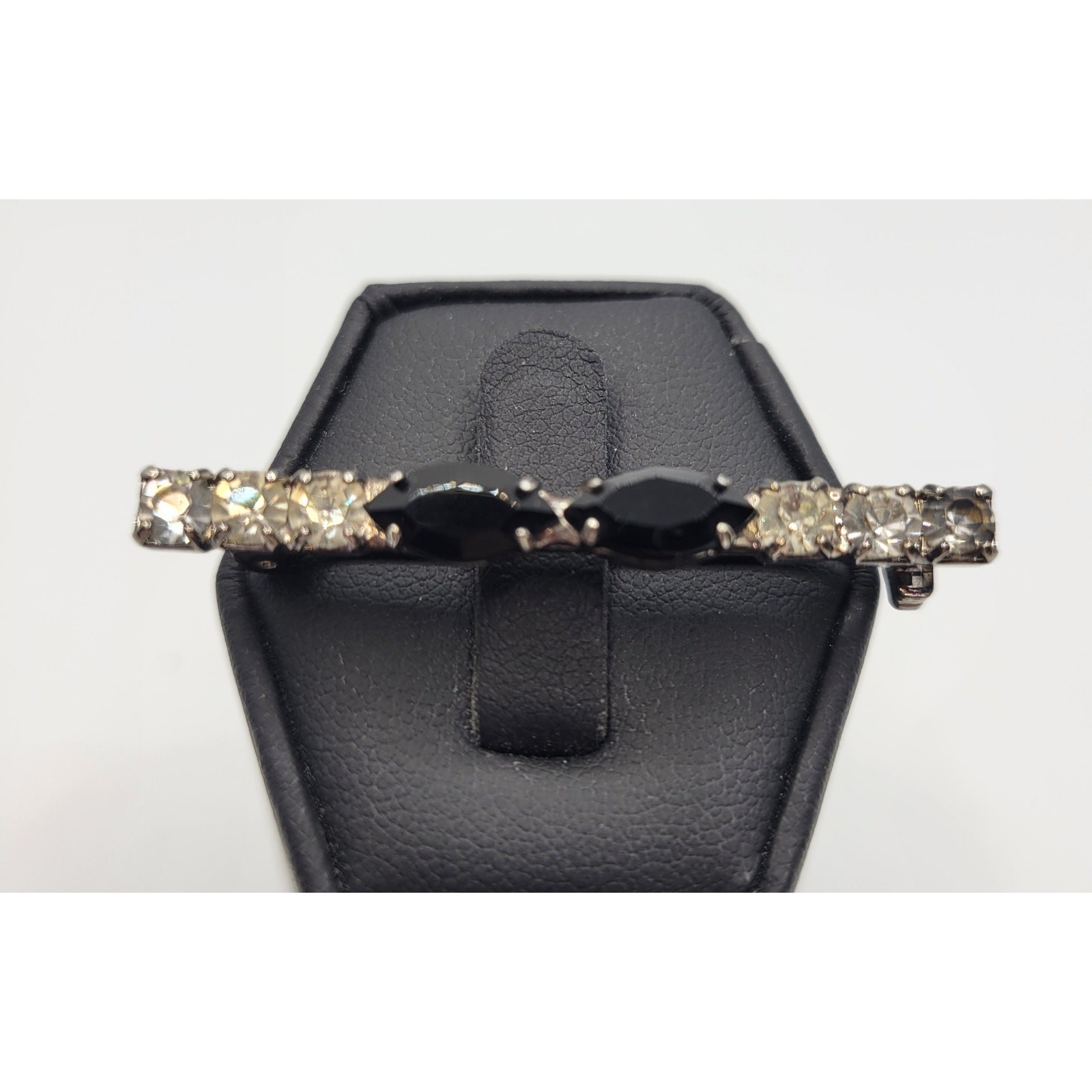Vintage Art Deco Bar Brooch Pin Black Glass Navette Prong Set Rhinestone