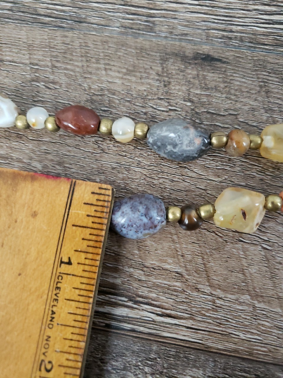 VTG Multi Polished Gemstone Agate Necklace 35″ Brass Barrel Closure Chunky