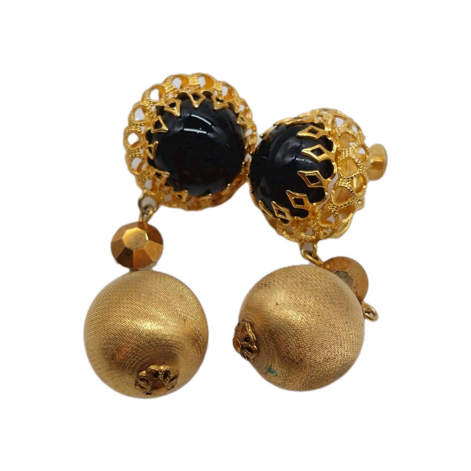 Black Acrylic Bead Screw Back Earrings Statement Gold Tone Drop READ