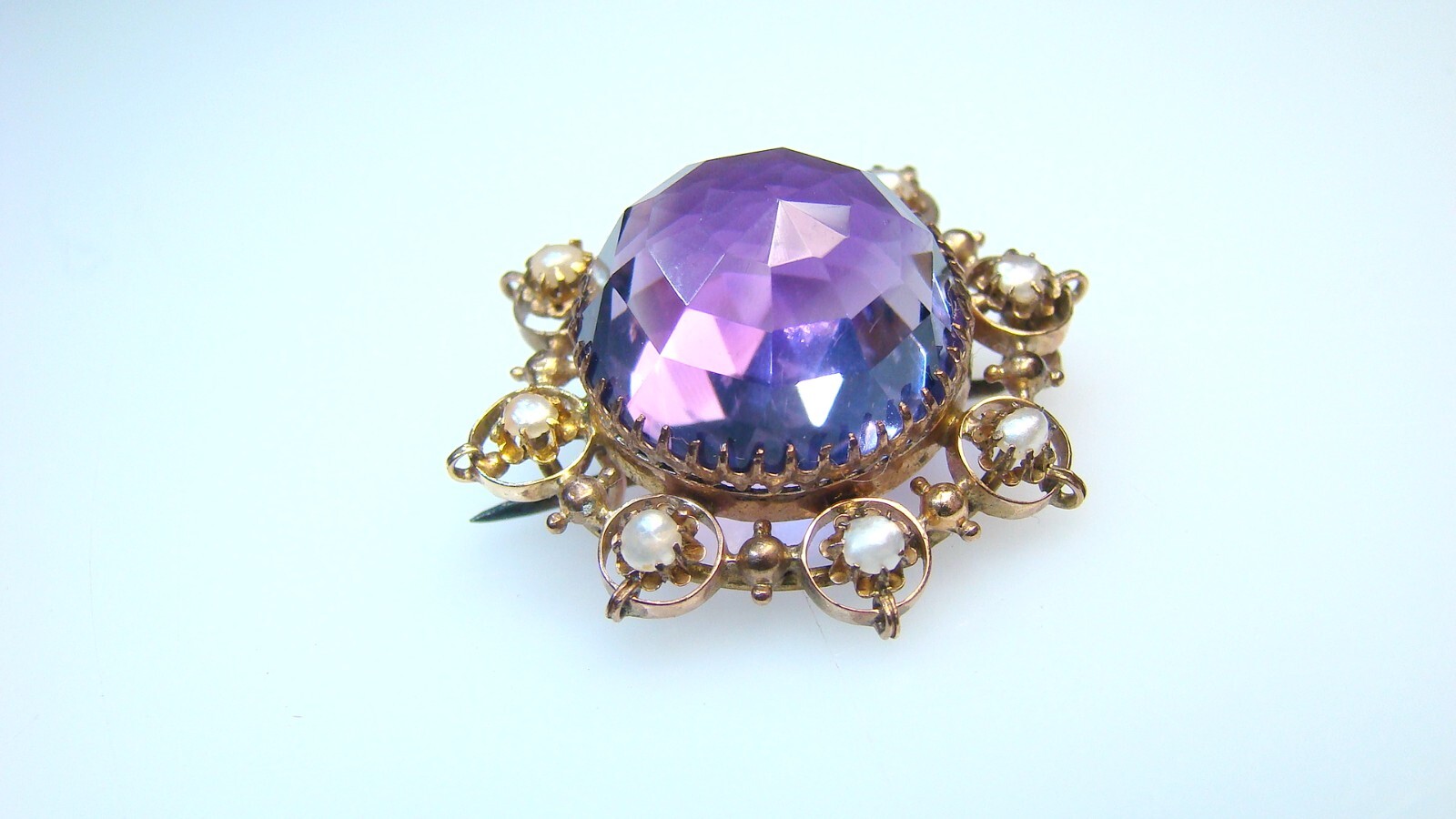 🌟Large Antique 8K Gold Amethyst w Pearls Pin & Faceted Dome-Shaped Stone