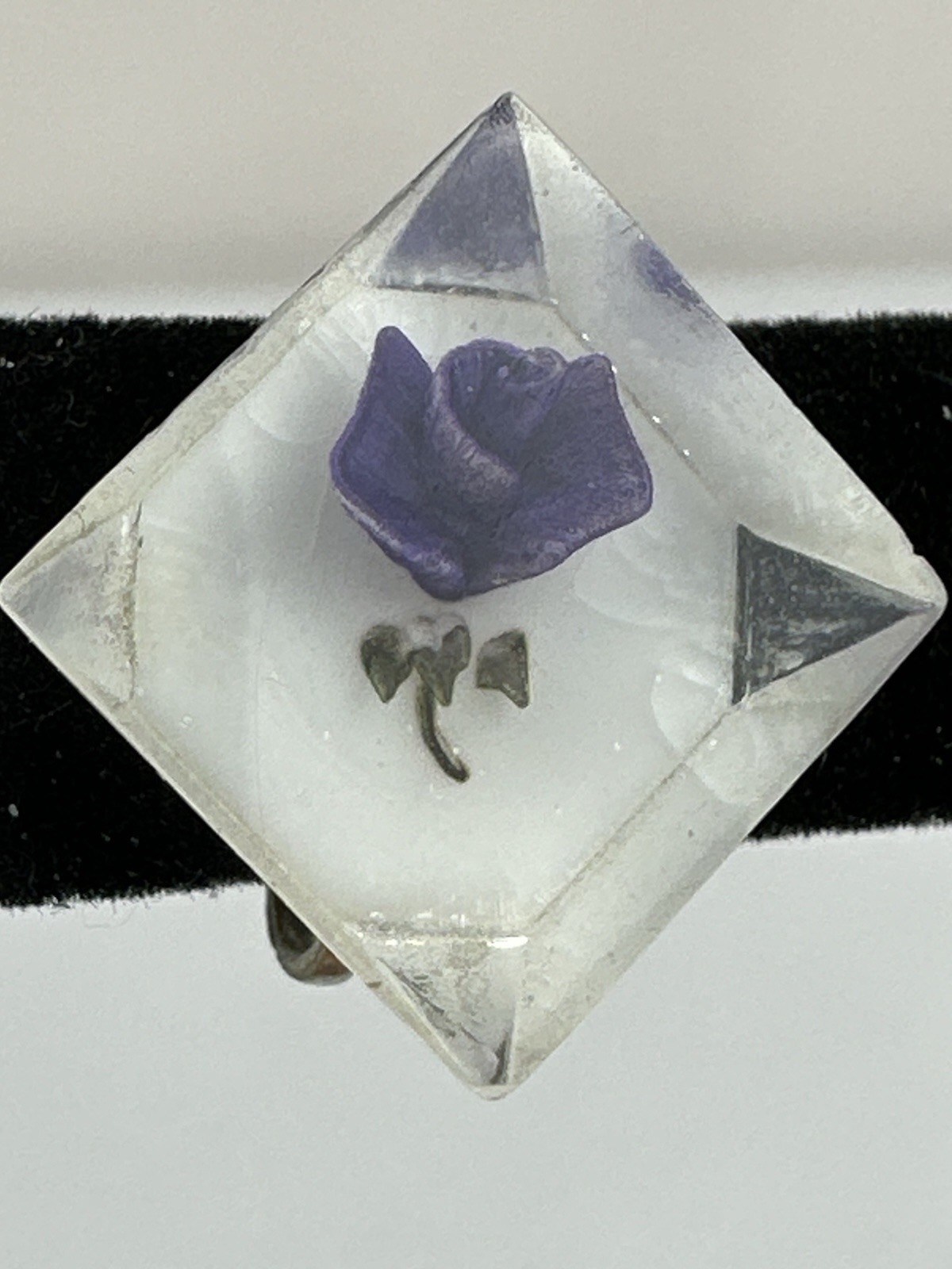 Beautiful Diamond Shaped Purple Flower Reverse Carved Lucite Screw Back Earrings