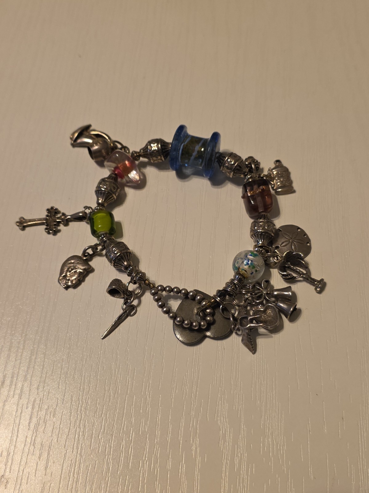 Vintage Bracelet With Sterling Silver Charms And Glass Beads 7.5″ Long