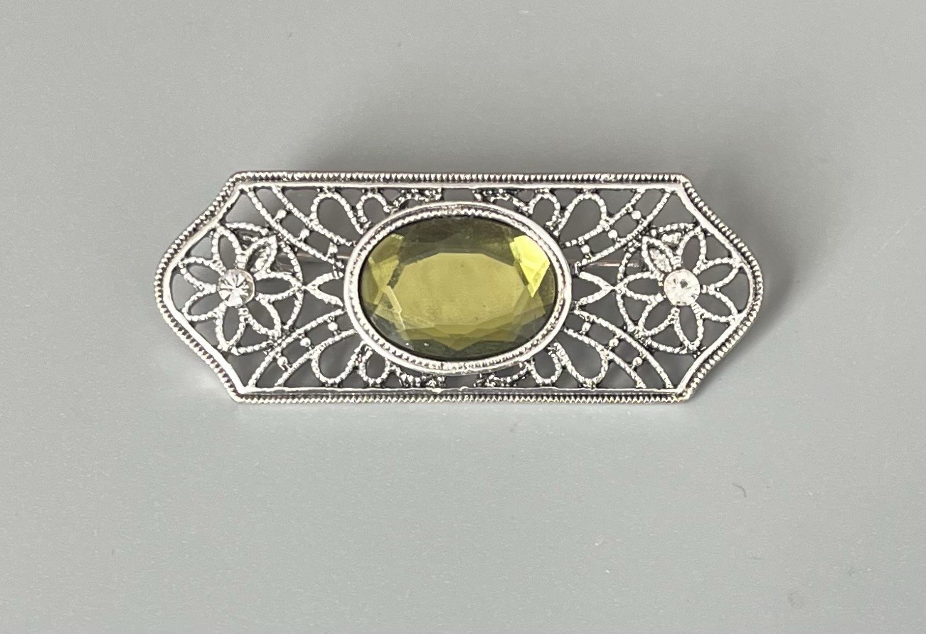 VTG Silver Tone Delicate Filigree Bar Brooch Faux Green & Glass Rhinestones 2.25
