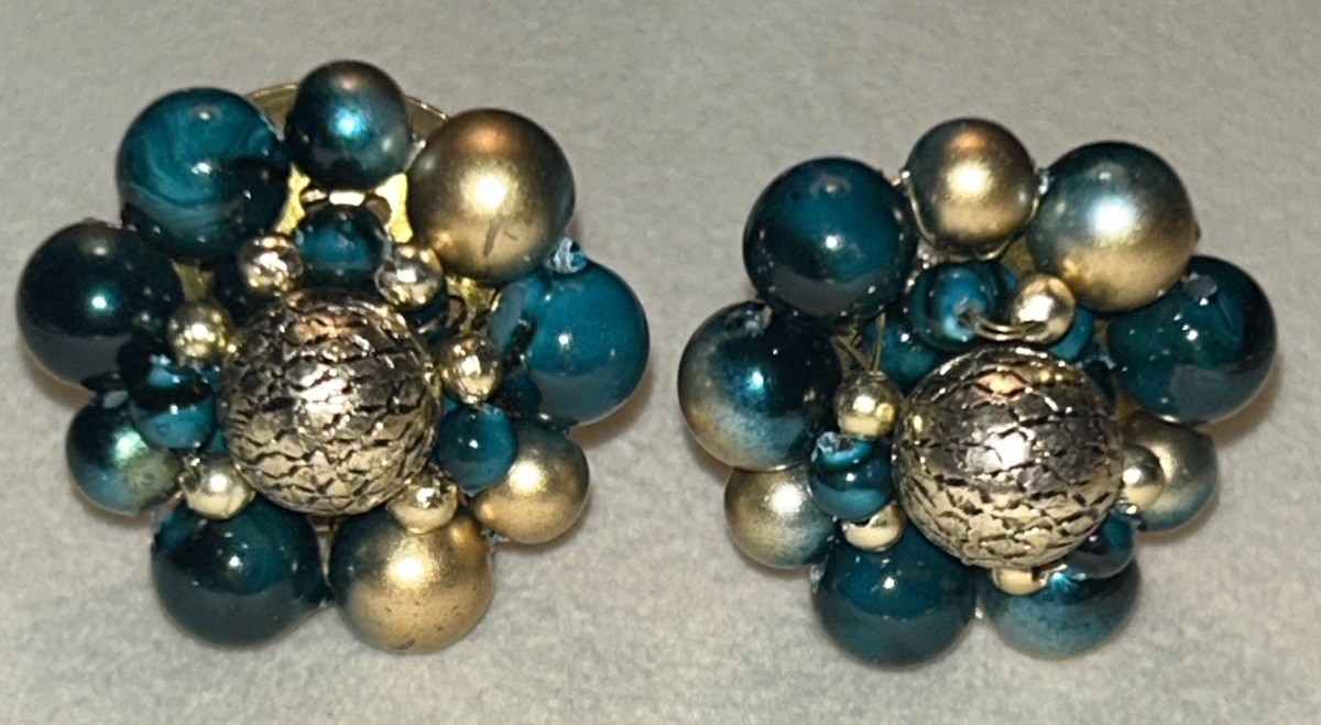 Vintage Hong Kong Cha Cha Cluster Clip Earrings Teal Gold Glass Beads 1960s MCM