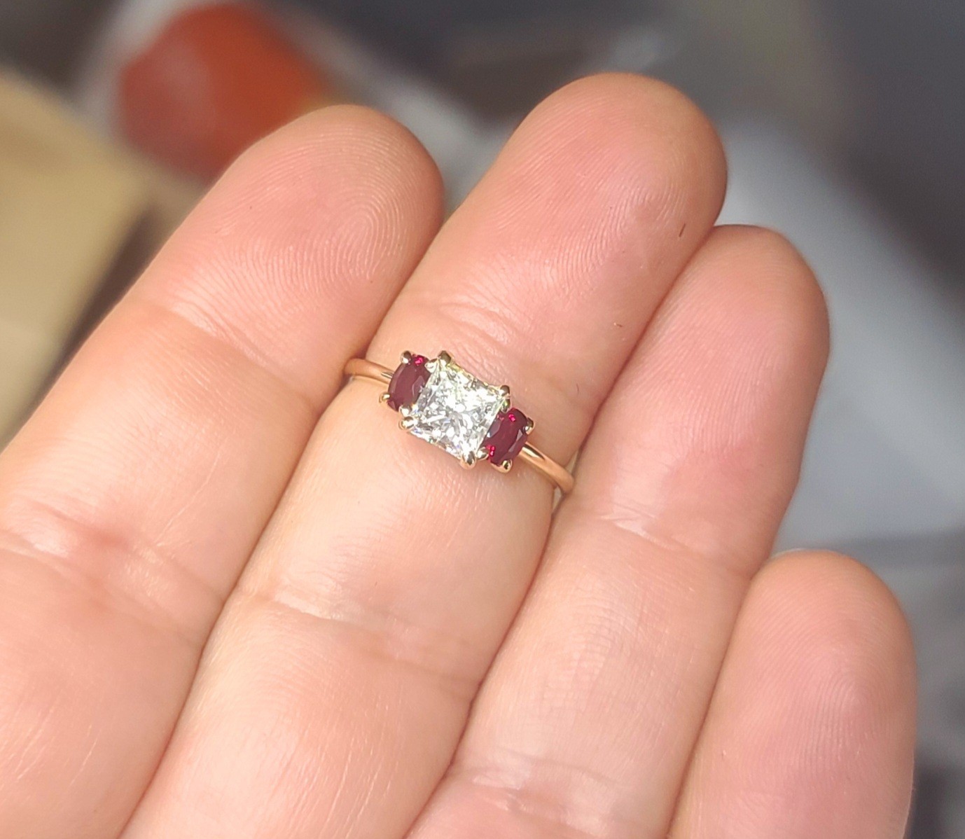14K Yellow Gold Engagement Three Stone Ring 1.01CT.Natural Princess Cut Diamond