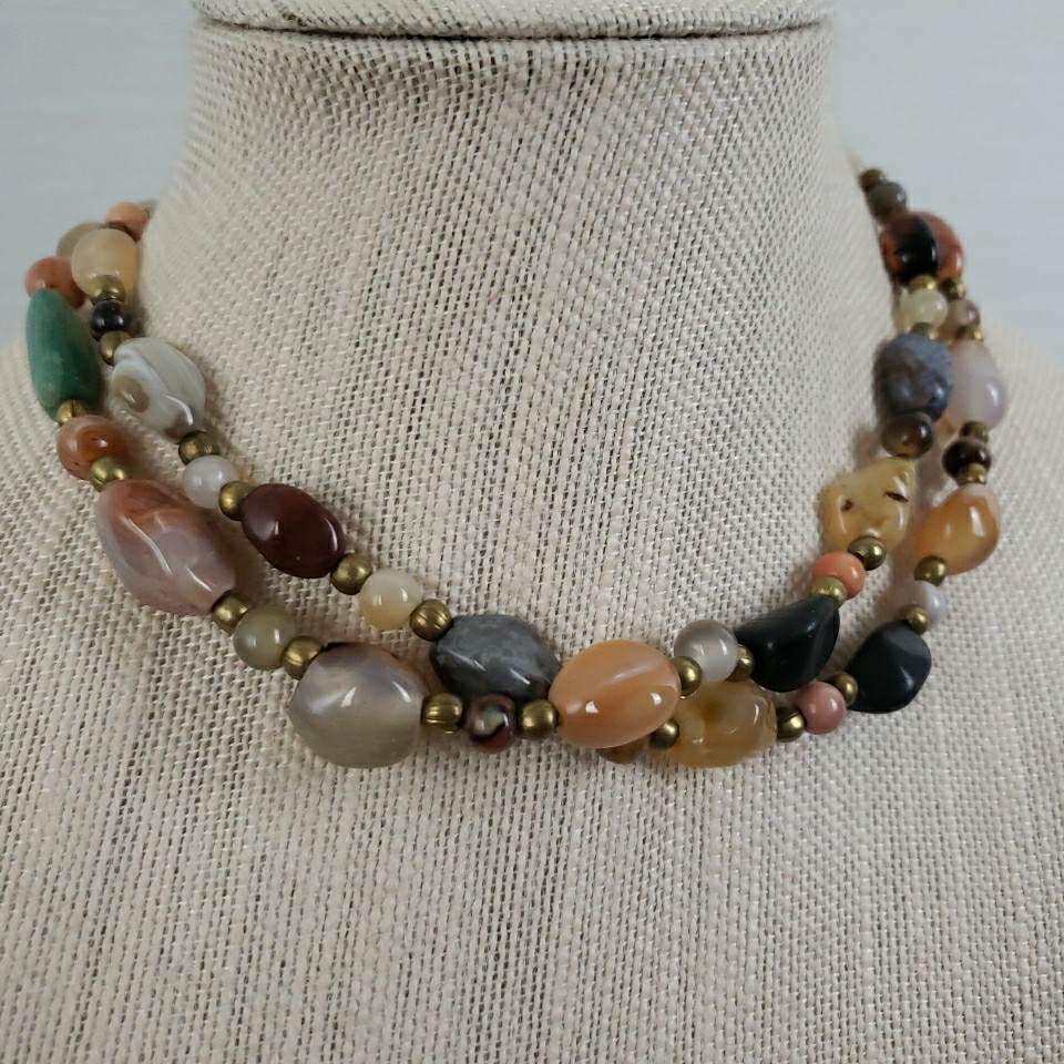 VTG Multi Polished Gemstone Agate Necklace 35″ Brass Barrel Closure Chunky