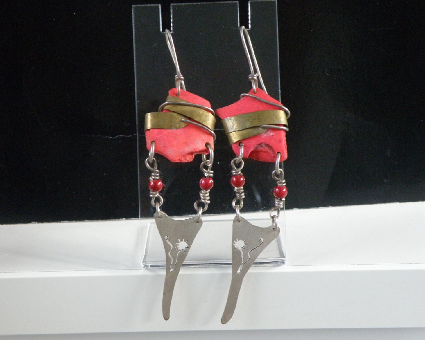 Vintage Artist Signed Coral Modernist Long Costume Statement Earrings