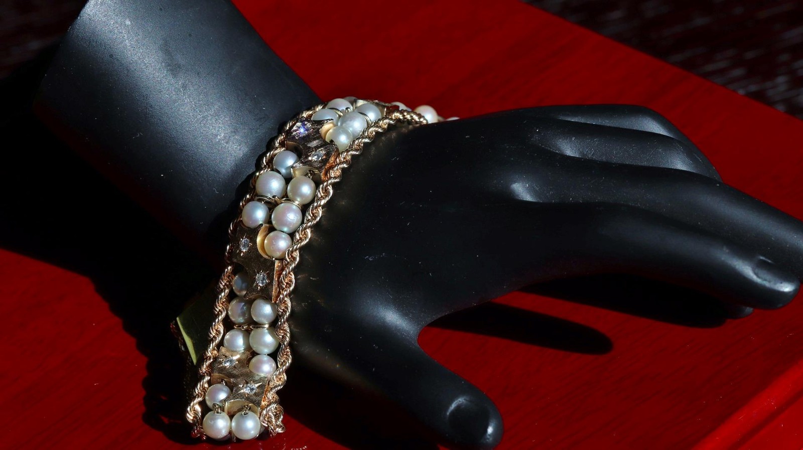 14k yellow gold bracelet 5-5.5mm cultured pearl 0.5ct diamond 7.5″ antique 43.0g