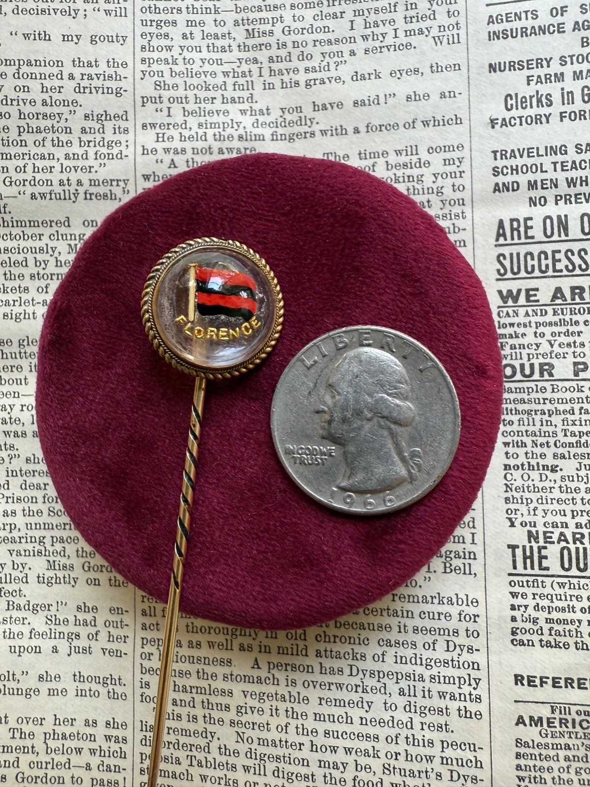 Antique 15k Reverse Painted “Florence” Reverse Painted Essex Crystal Stick Pin