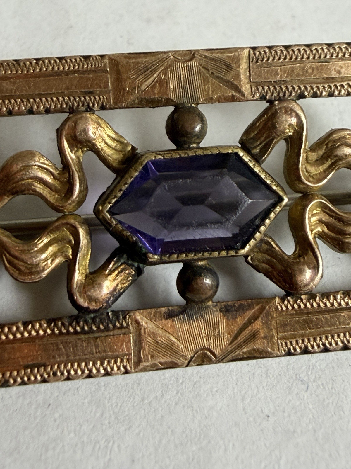 Ant Edwardian/Vic G.L.P. Sash Pin Art Nouveau C Clasp Gold Filled Amethyst Glass