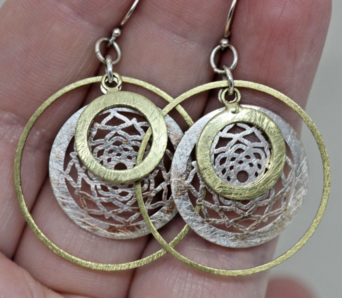 Silver Gold & Copper Tone Dangle Drop Hoop Pierced Earrings