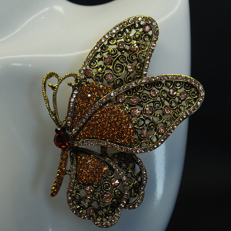 Vintage Large Size Brown Butterfly Zircon Alloy Corsage Brooch Collar Pin