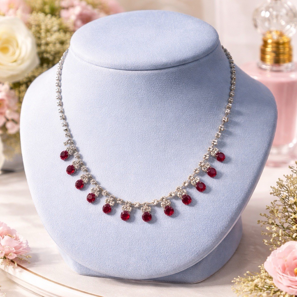 Vtg Clear & Wine Crystal Rhinestone Necklace – 16” +2” Extender – Evening Wear