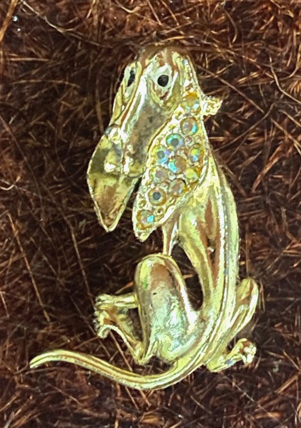 Vintage Sad Eye Bloodhound/Beagle Gold Tone Brooch w/AB Rhinestones 2 5/8″ long