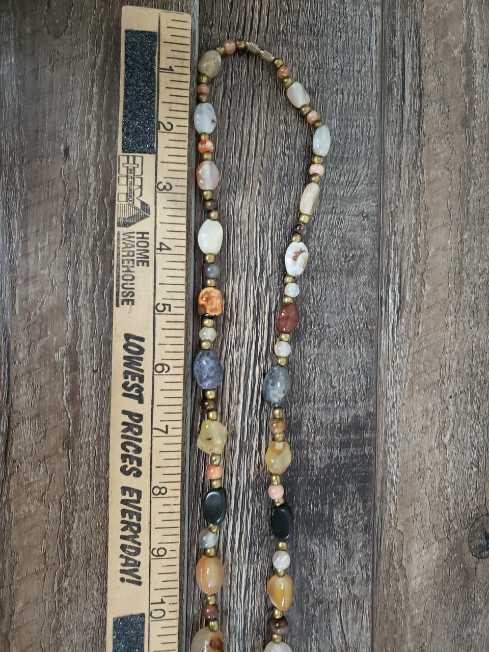 VTG Multi Polished Gemstone Agate Necklace 35″ Brass Barrel Closure Chunky