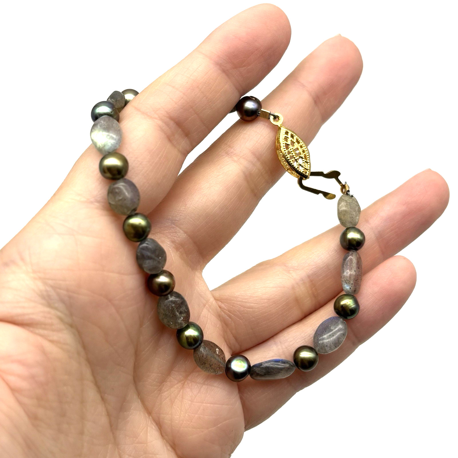 Vintage High Flash Labradorite & Peacock Freshwater Pearl Fish Hook Bracelet 8″