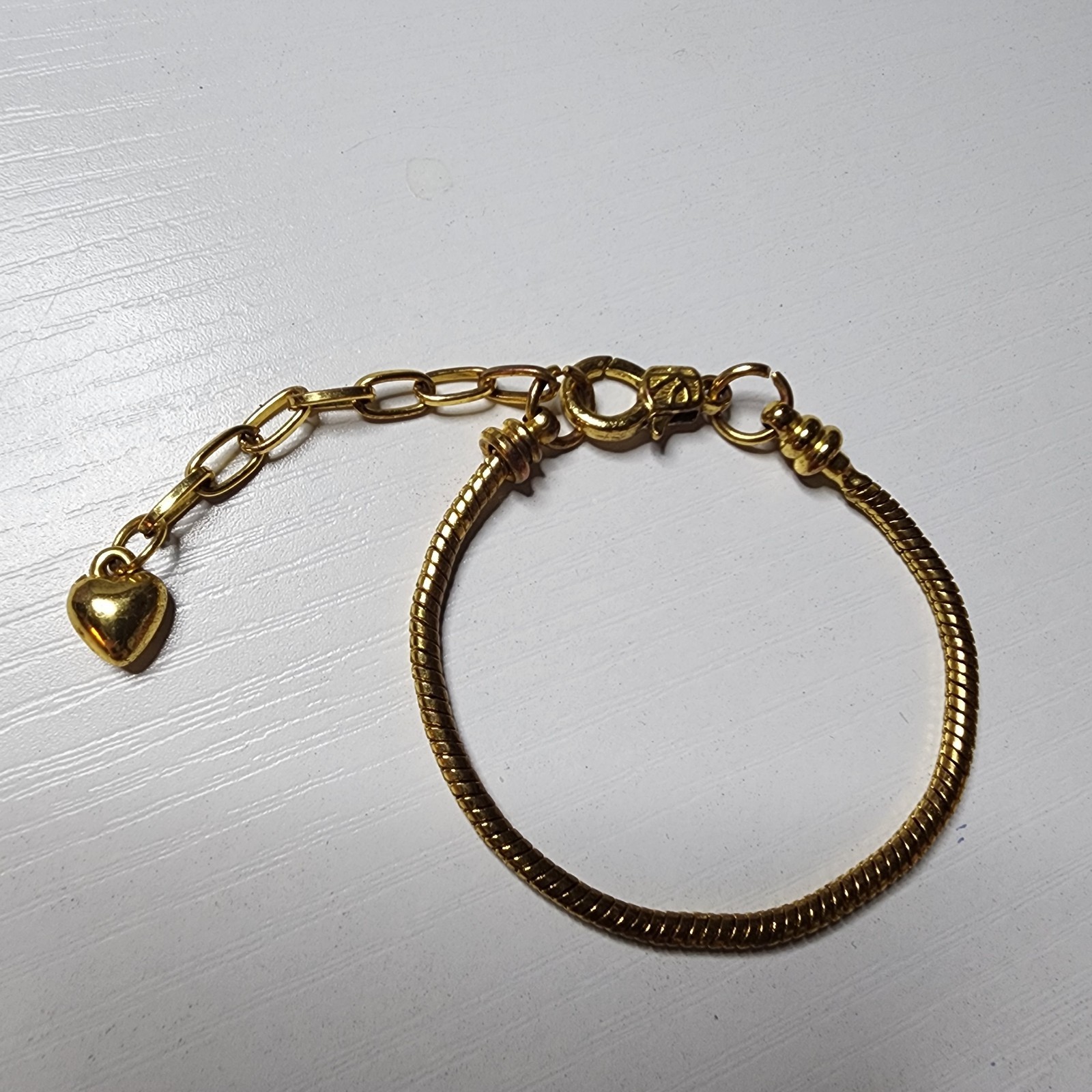 Vintage Gold Toned Snake Chain Bracelet Heart Charm Adjustable 6 to 8 Inches