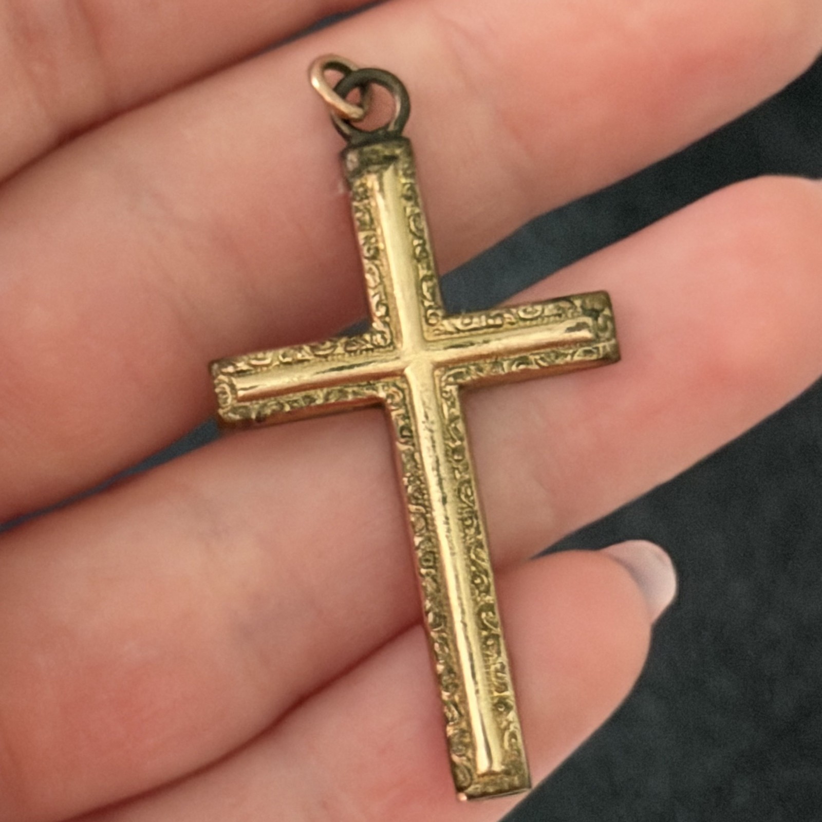 Antique Yellow Gold Filled Etched Cross Pendant