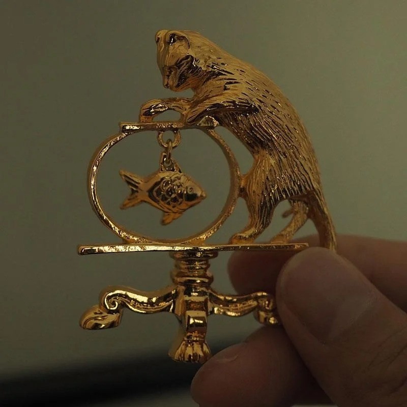Vintage Cat Fishing Brooch Pin Gold Plated Animal Jewelry for Women