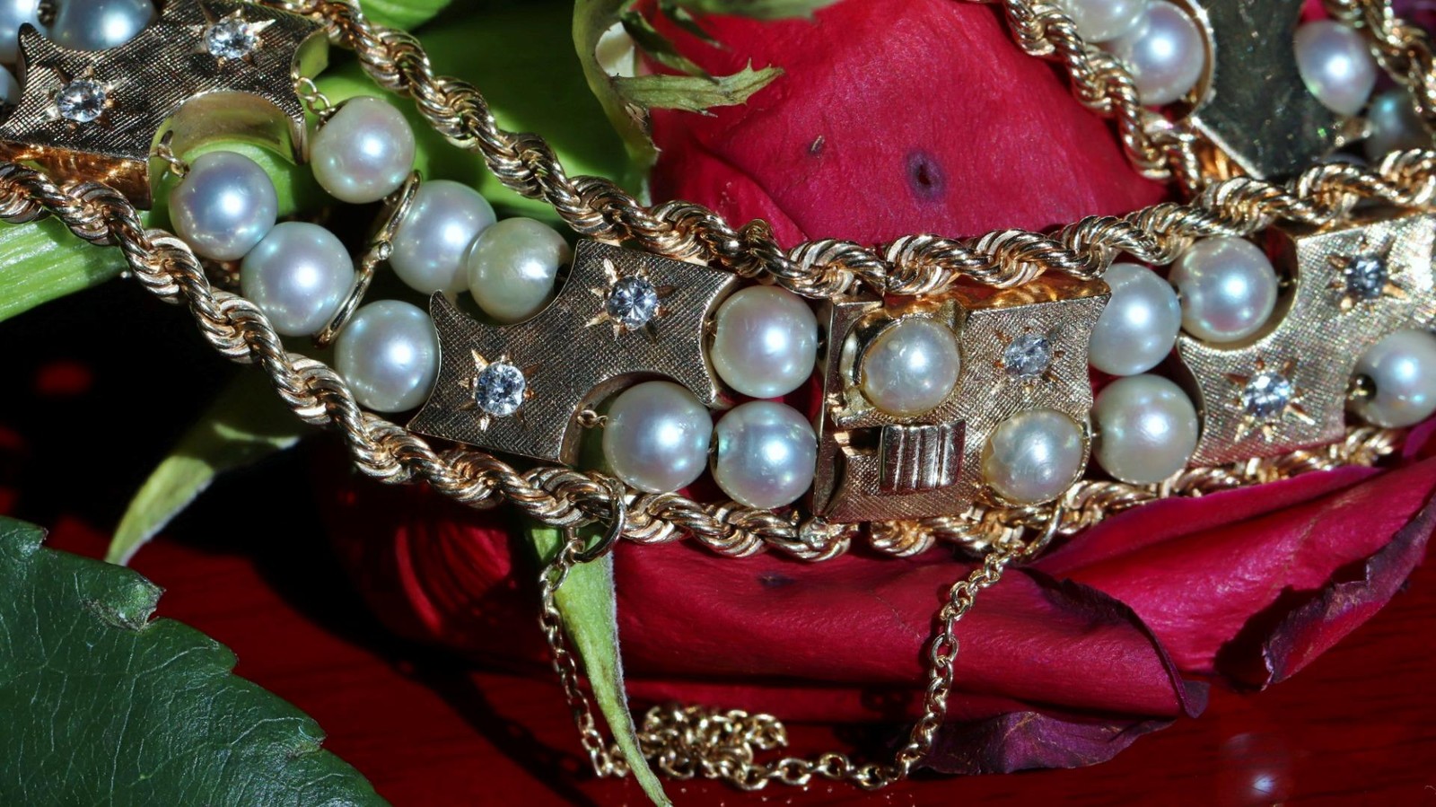14k yellow gold bracelet 5-5.5mm cultured pearl 0.5ct diamond 7.5″ antique 43.0g