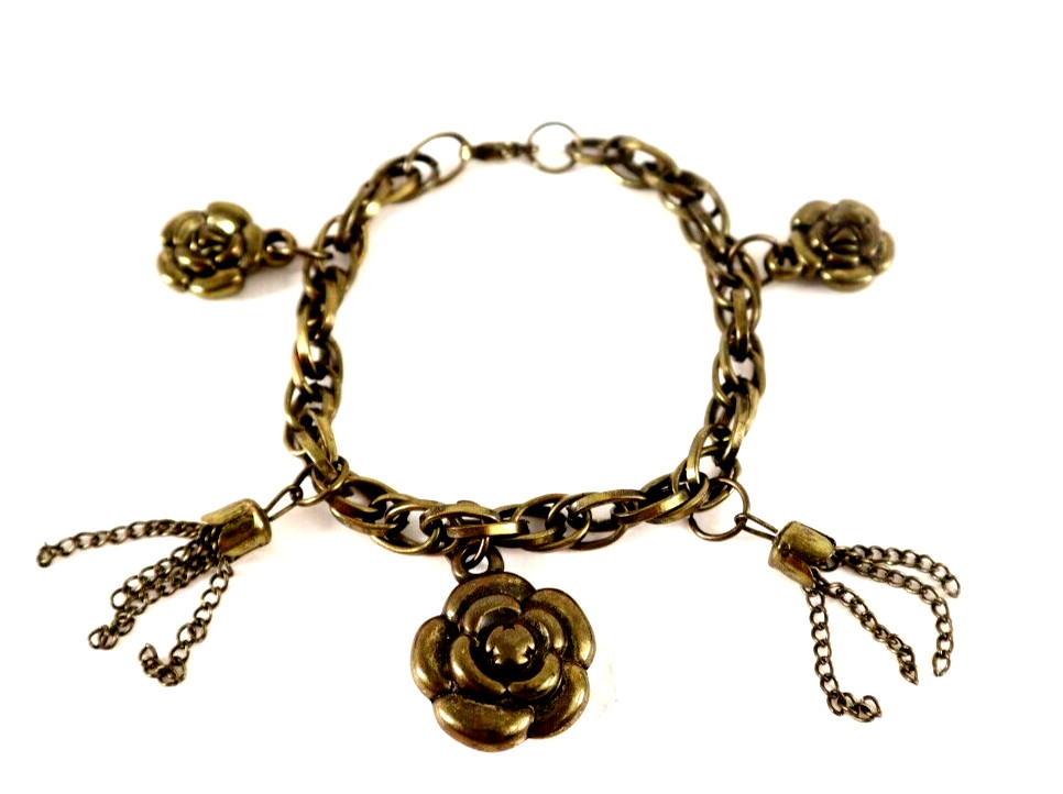 Vintage Bracelet Gold Tone Rose & Chain Dangles Charms 7.5″ Jewelry Accessories