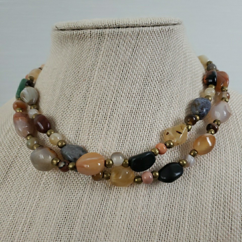 VTG Multi Polished Gemstone Agate Necklace 35″ Brass Barrel Closure Chunky