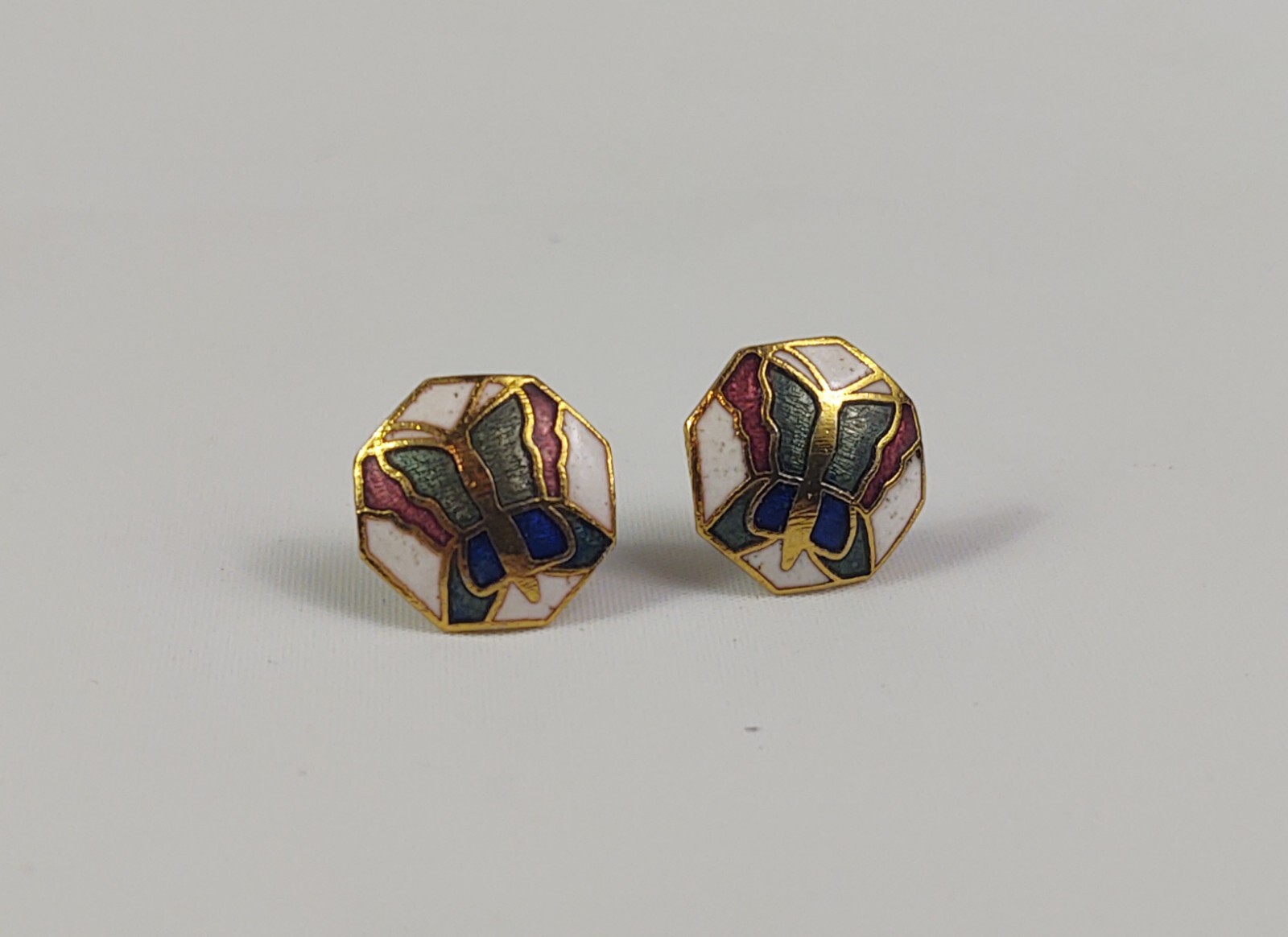 Pierced Earrings Gold Tone Multicolor Enamel Butterfly Costume Jewelry Vintage