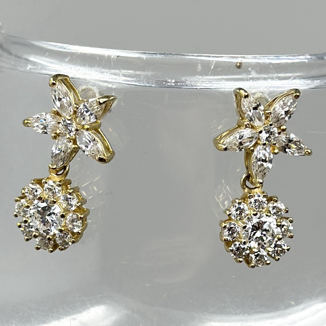 Vintage 14k Gold Floral CZ Drop Dangle Earrings Sparkling Crystal Cluster Design
