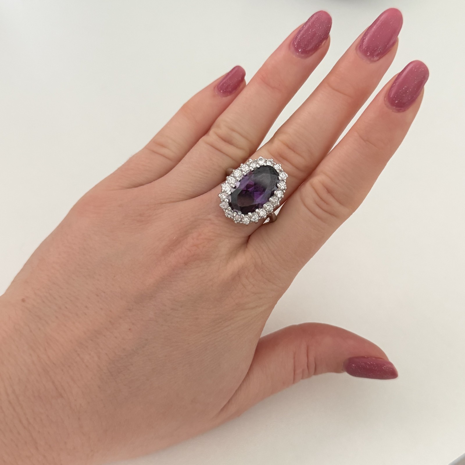 Ladies Purple & Clear Crystal Silver Plated Statement Cocktail Ring Size 6