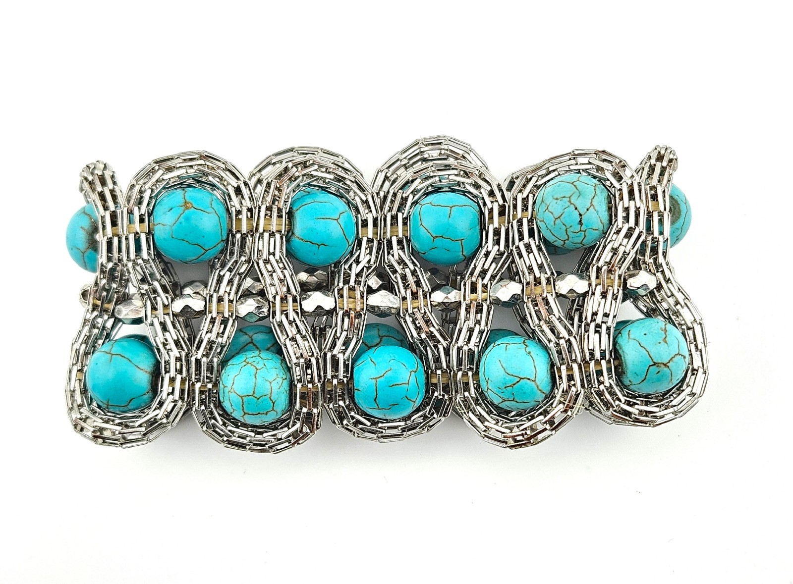 Vintage Stretch Bracelet Turquoise Colored Beads Silver Tone Metal Mesh J7-3830
