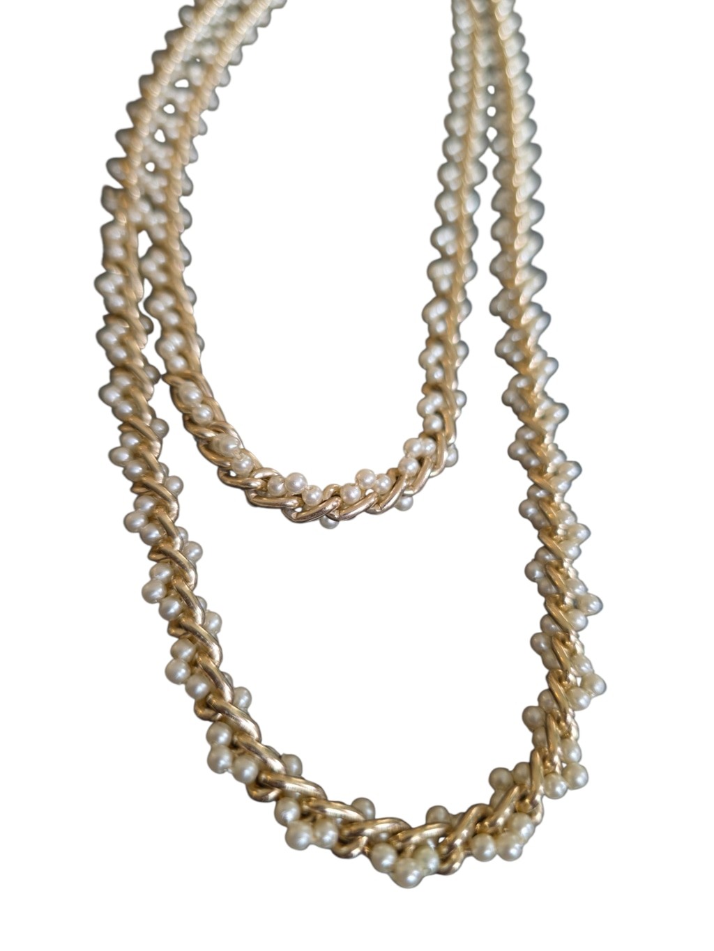 Vintage Gold Tone Twisted Chain Faux Seed Pearl Long Necklace 24″ Elegant