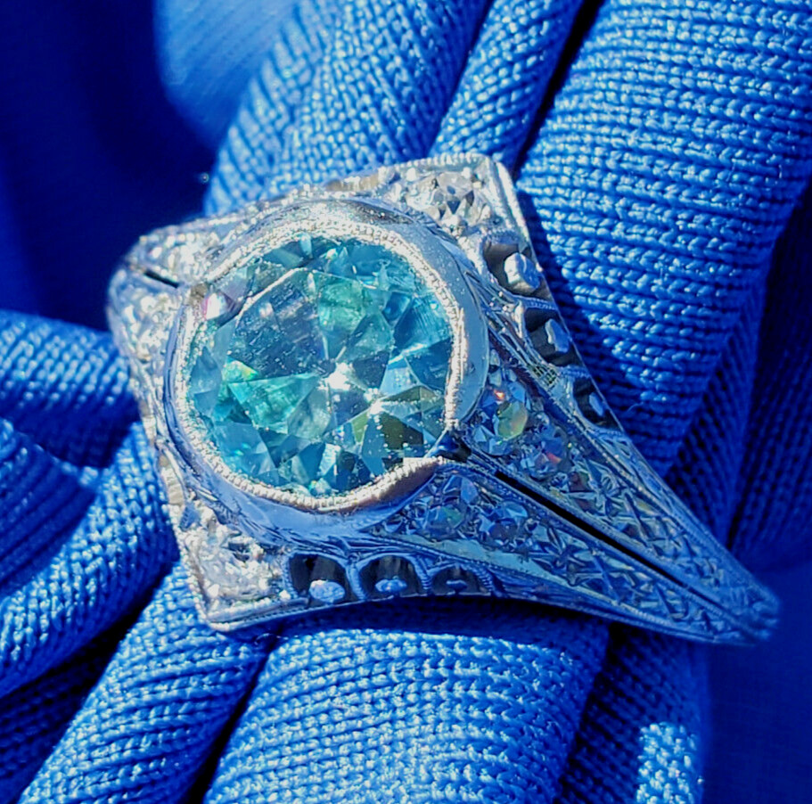 NATURAL EARTH MINED Blue Zircon DIAMOND PLATINUM ORIGINAL DECO Engagement Ring 8