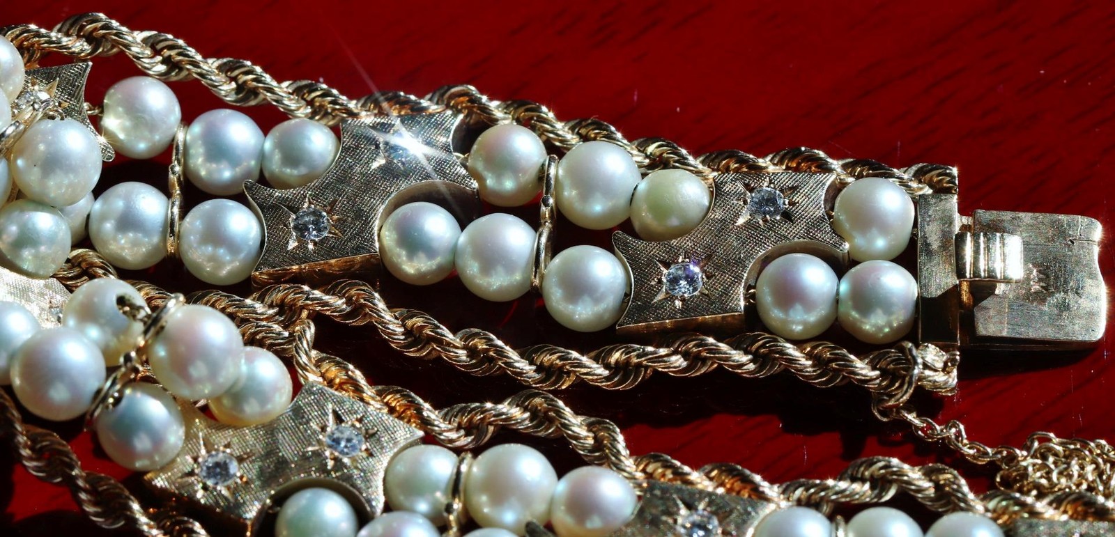 14k yellow gold bracelet 5-5.5mm cultured pearl 0.5ct diamond 7.5″ antique 43.0g