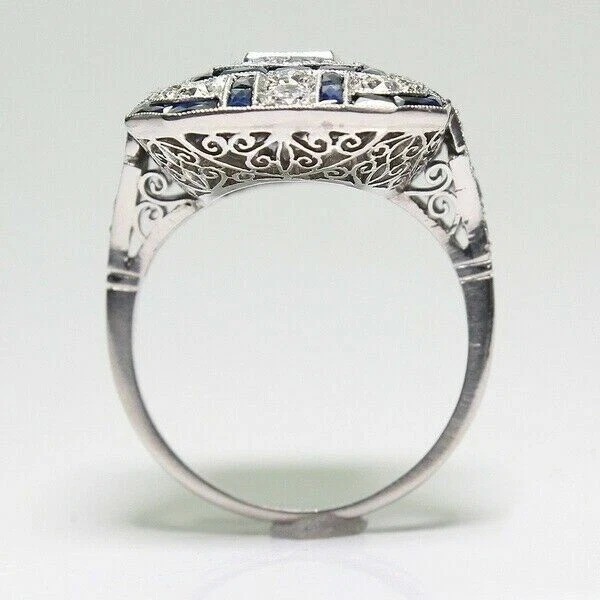 Art Deco Vintage Style Lab Created Diamond Engagement 14K White Gold Finish Ring