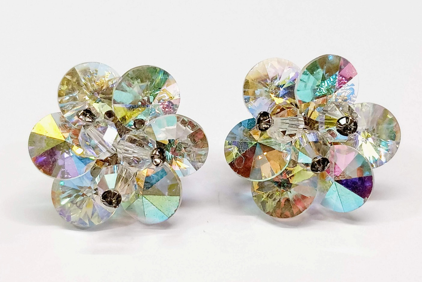 Vintage VENDOME Screw Back Clip On Earrings AB Rivoli Rhinestones Beads