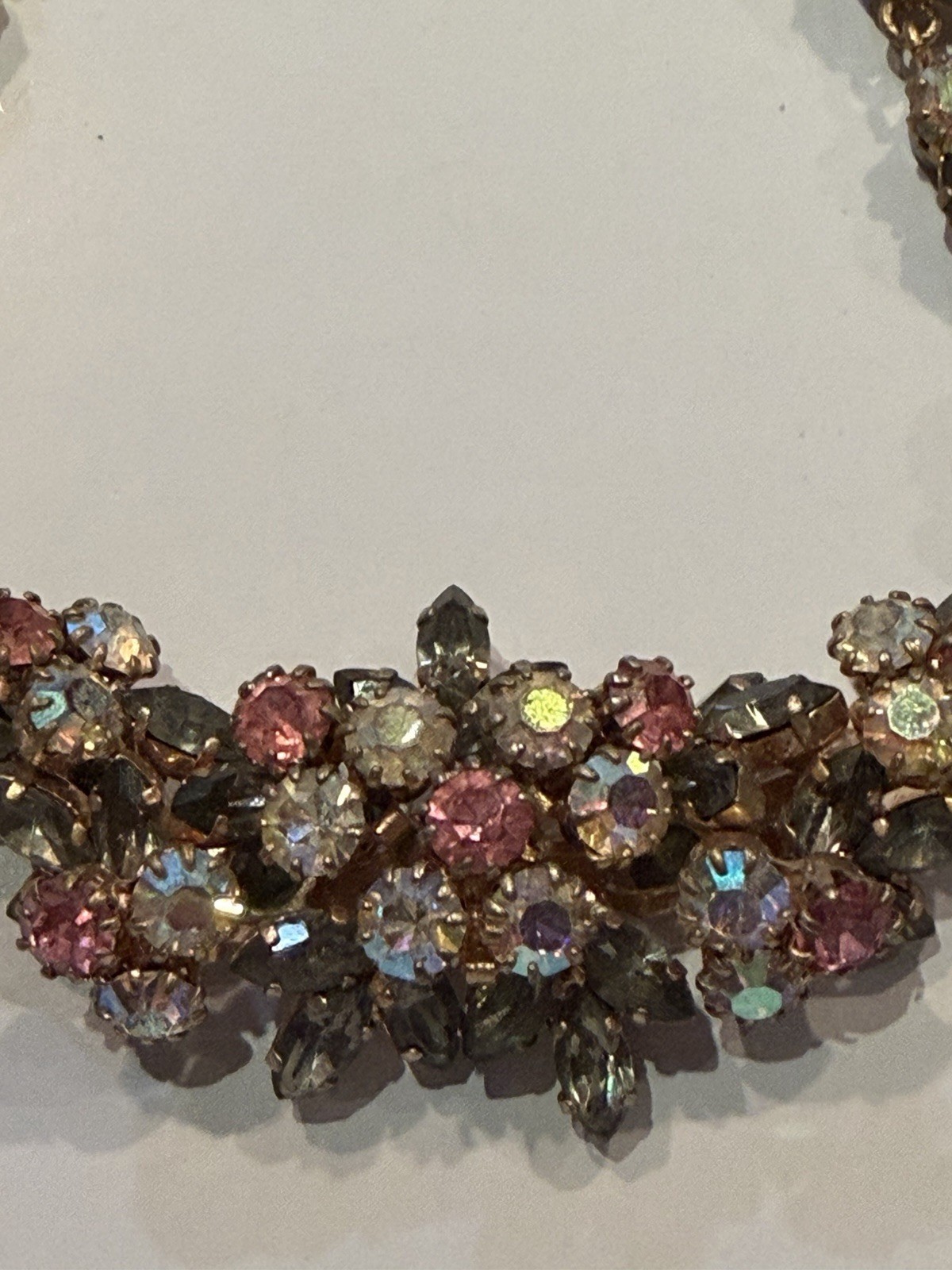 Mid-Century Pink, Aurora Borealis & Smoky Gray Rhinestone Statement Necklace