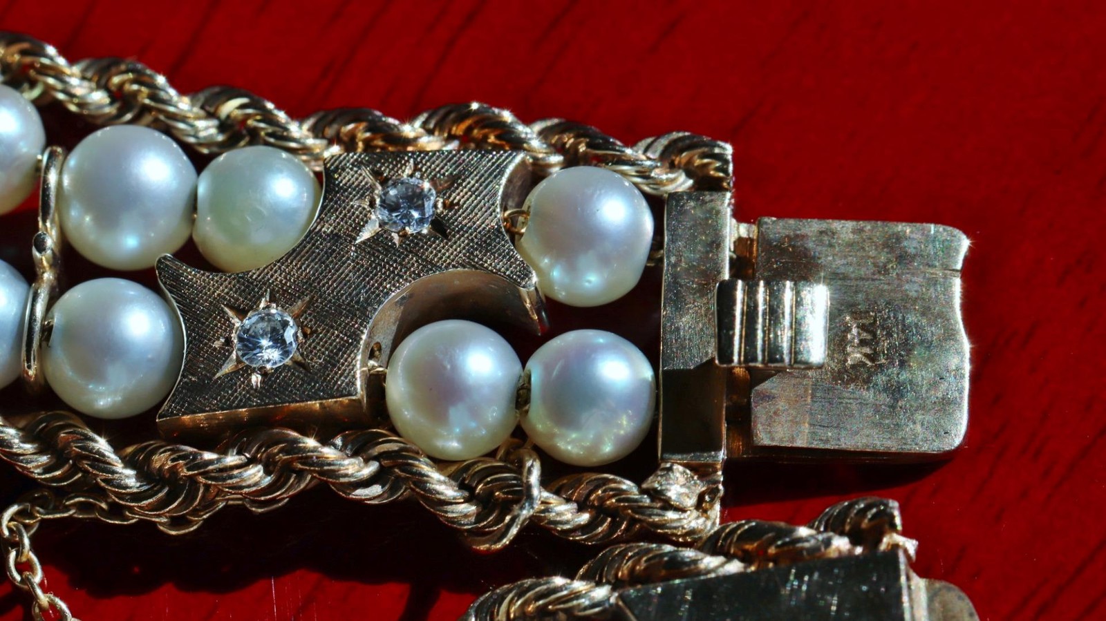 14k yellow gold bracelet 5-5.5mm cultured pearl 0.5ct diamond 7.5″ antique 43.0g