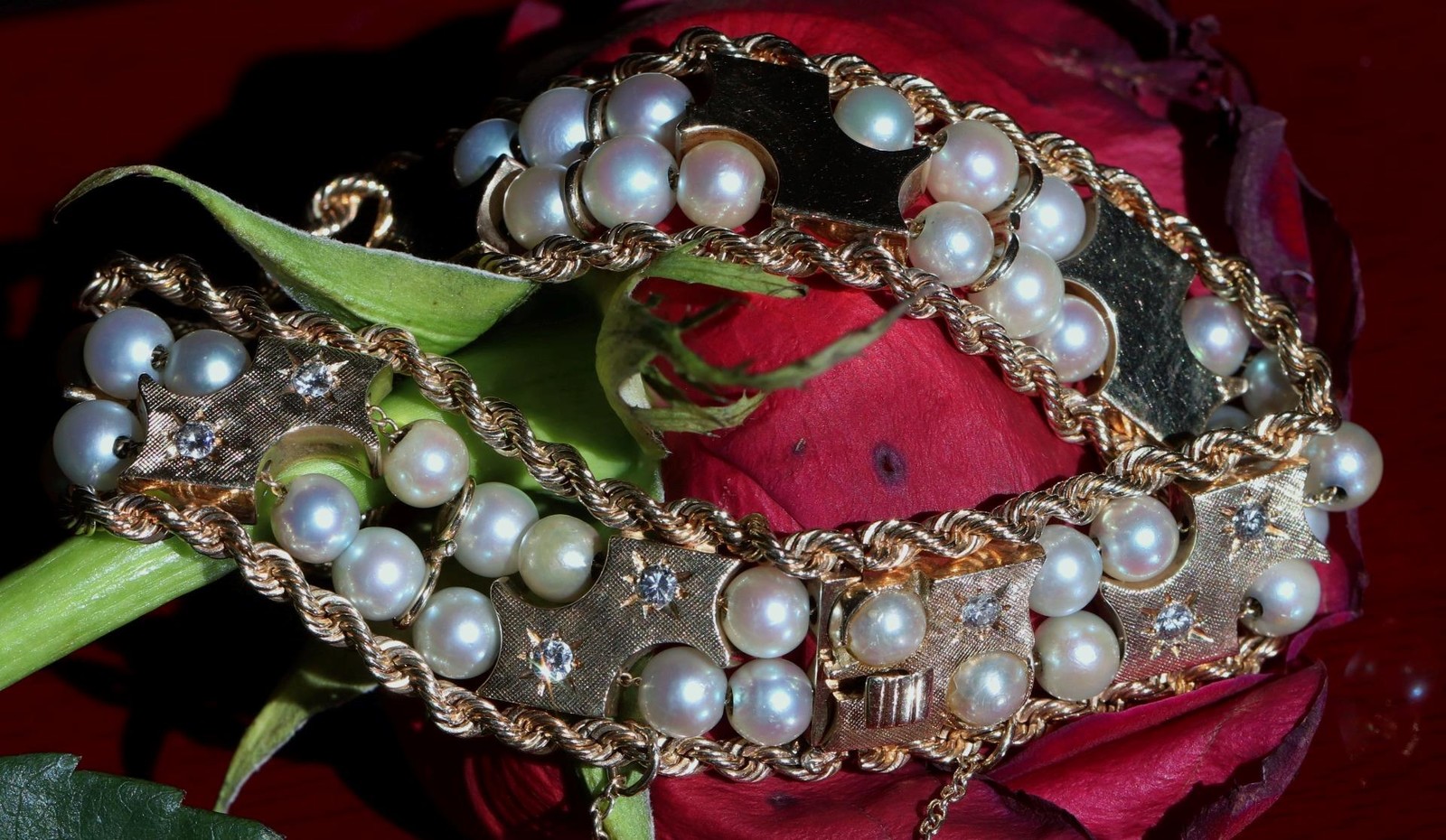 14k yellow gold bracelet 5-5.5mm cultured pearl 0.5ct diamond 7.5″ antique 43.0g