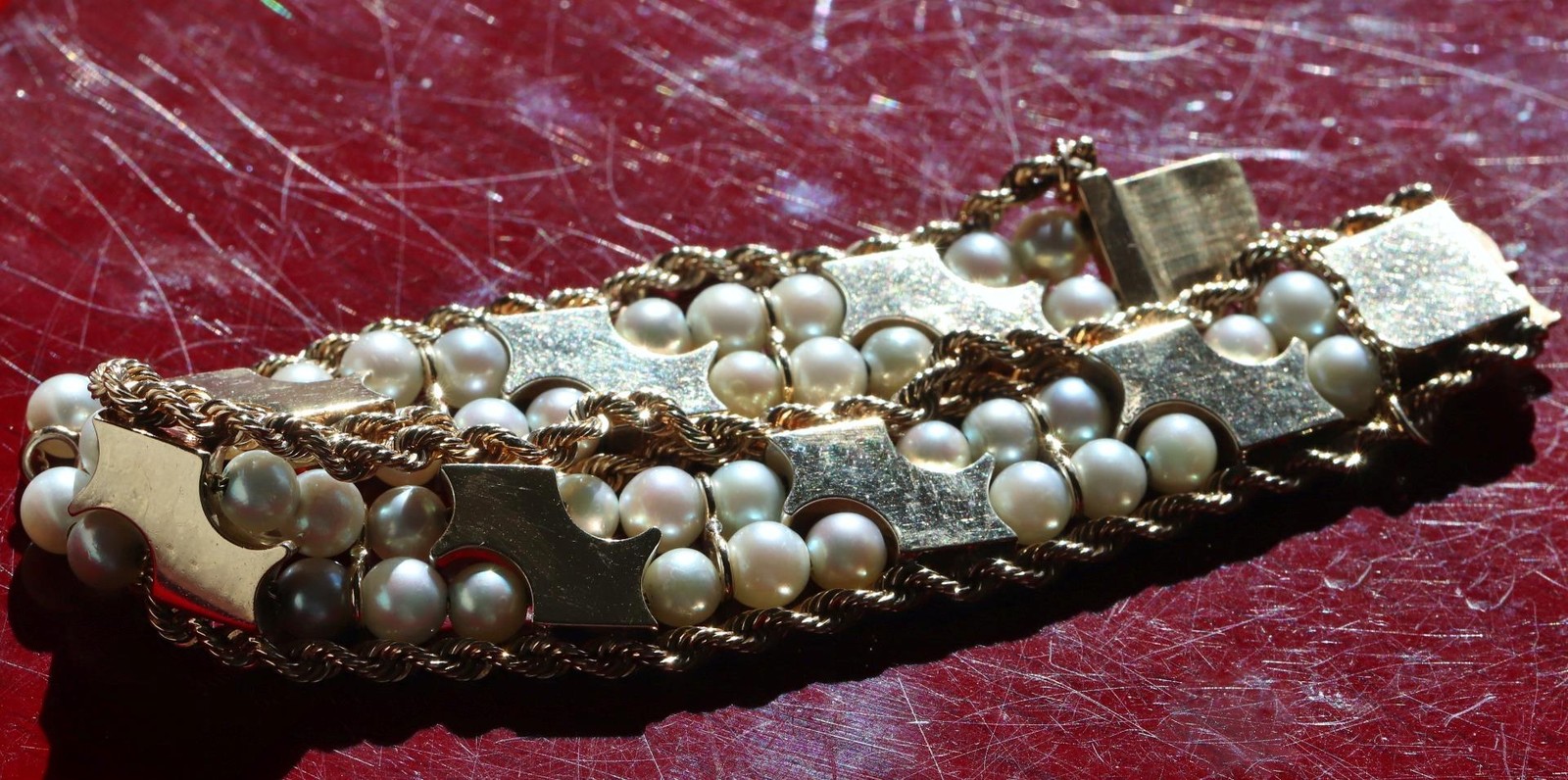 14k yellow gold bracelet 5-5.5mm cultured pearl 0.5ct diamond 7.5″ antique 43.0g