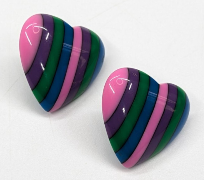 Vintage Pink Purple Green Blue Stripe Acrylic Heart Pierced Statement Earrings