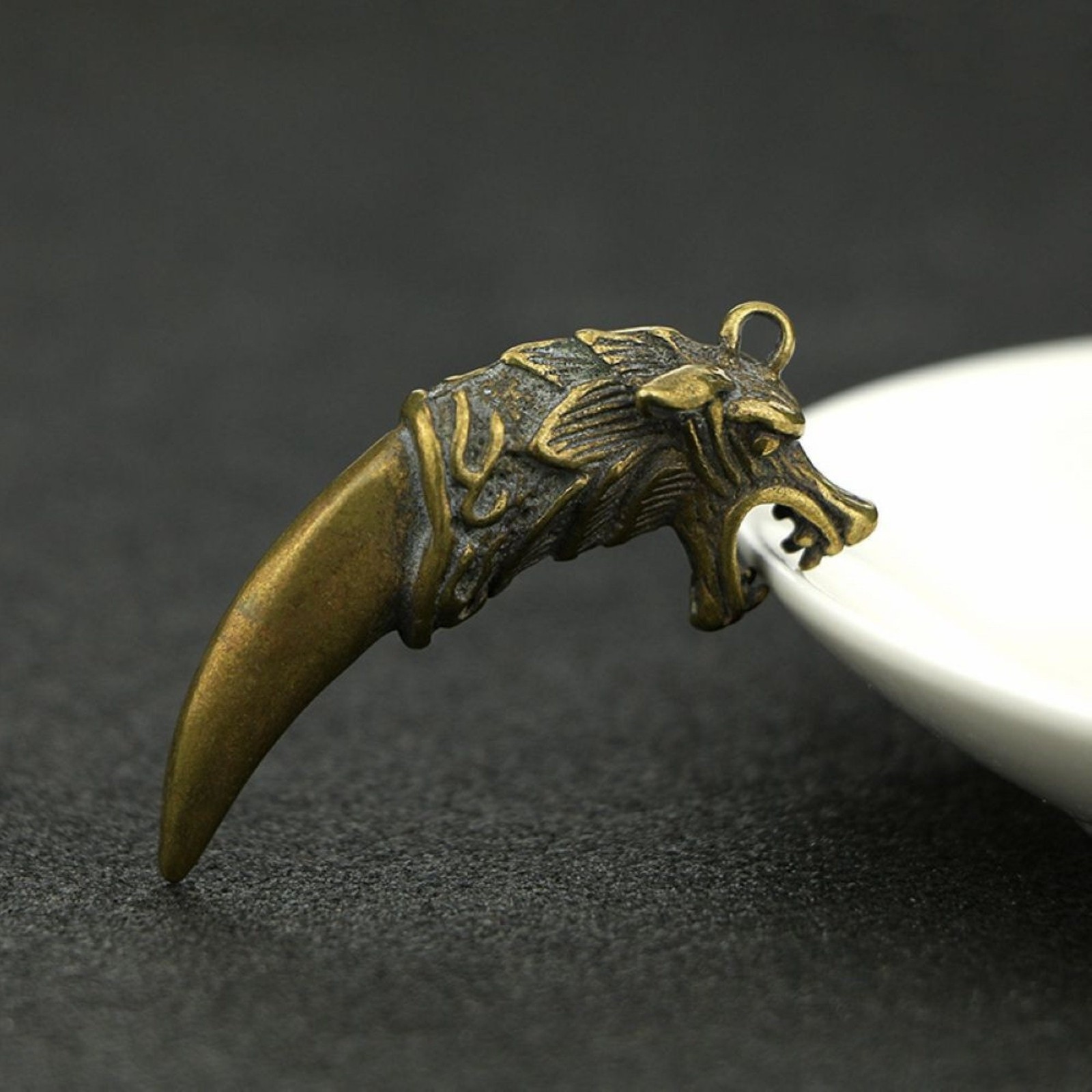 Solid Brass Cool Dragon FigurineTooth Shape Necklace Pendant Bag Charms