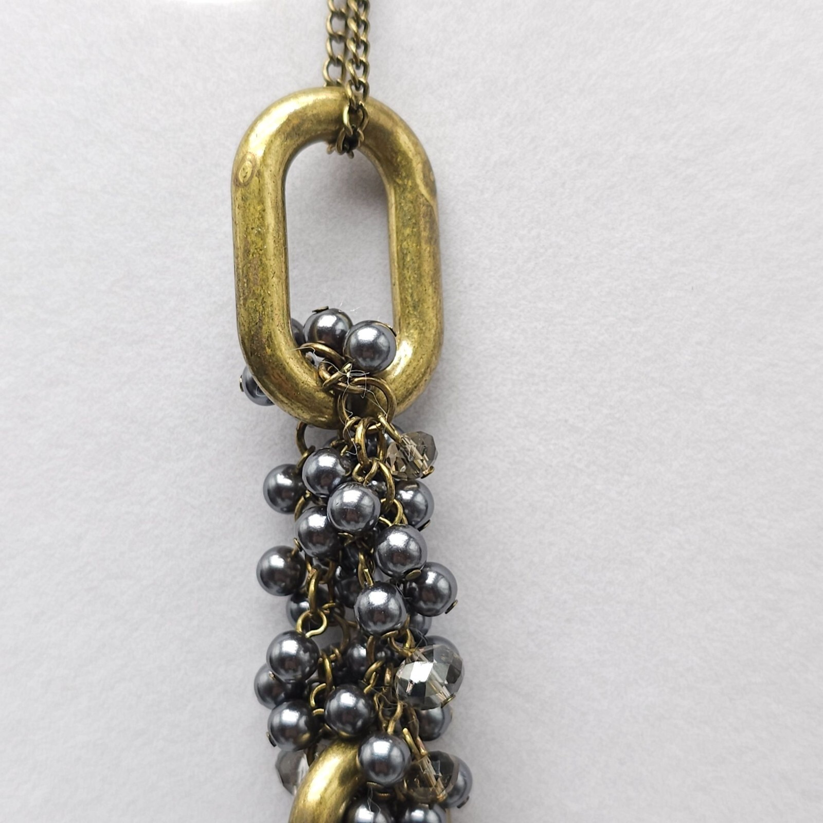 Signed Chunky Brass Gray Beaded Statement Necklace With Oversized Links
