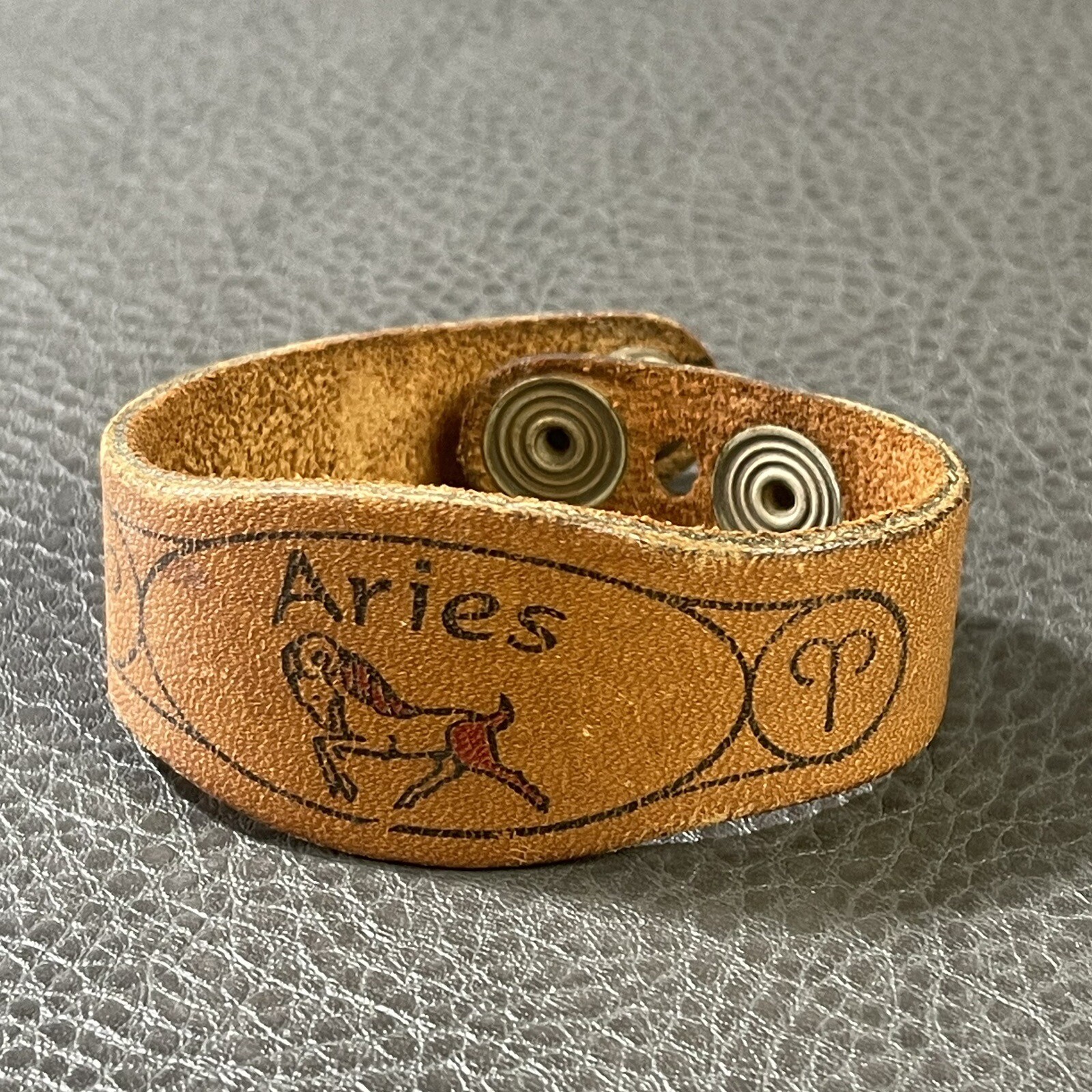 Vintage 1974 Leather Bracelet Star Signs Aries Zodiac Snap Closure 7.5” Length
