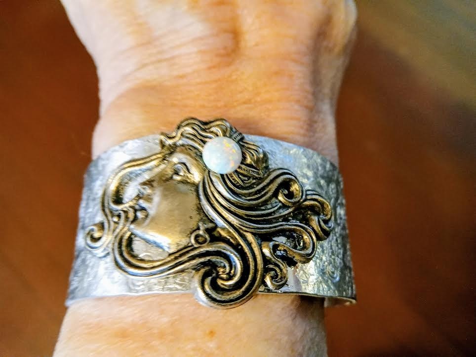 Goddess face cuff bracelet adjustable, Art Nouveau hand crafted jewelry