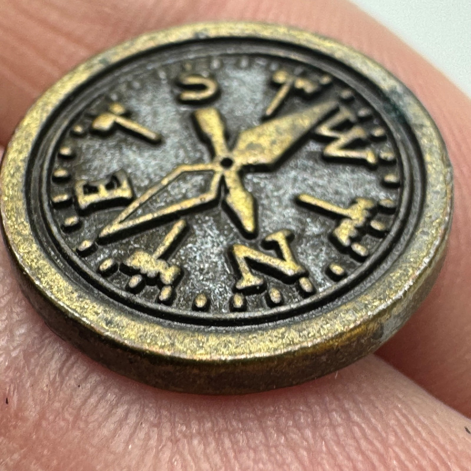 Vintage Compass Face Lapel Pin Navigation North South East West Round Brass Look