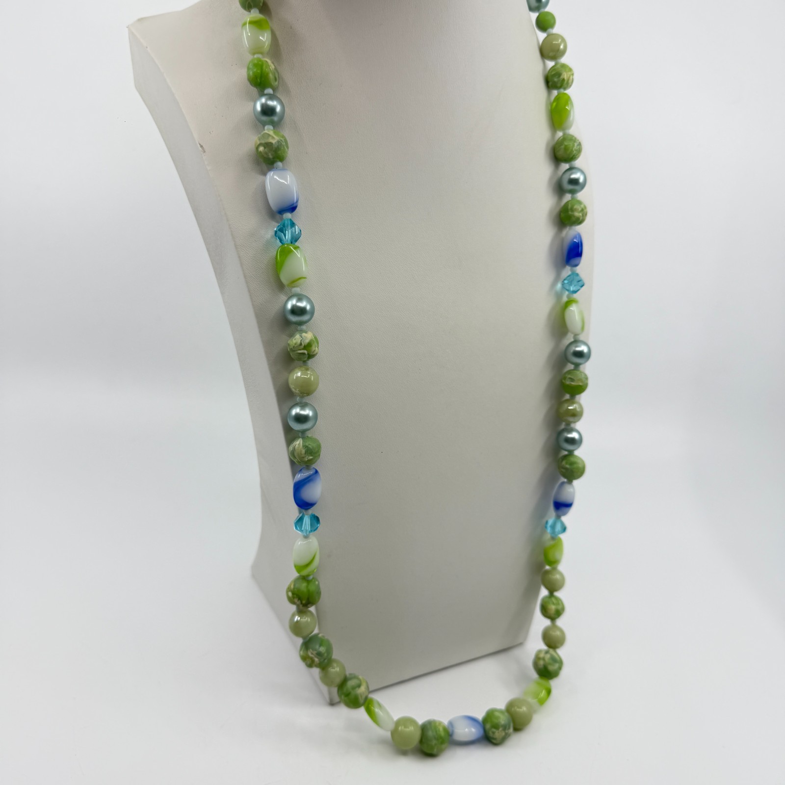 Green & Blue Bead Statement Necklace Boho Layering Jewelry Unique Beachy Gift