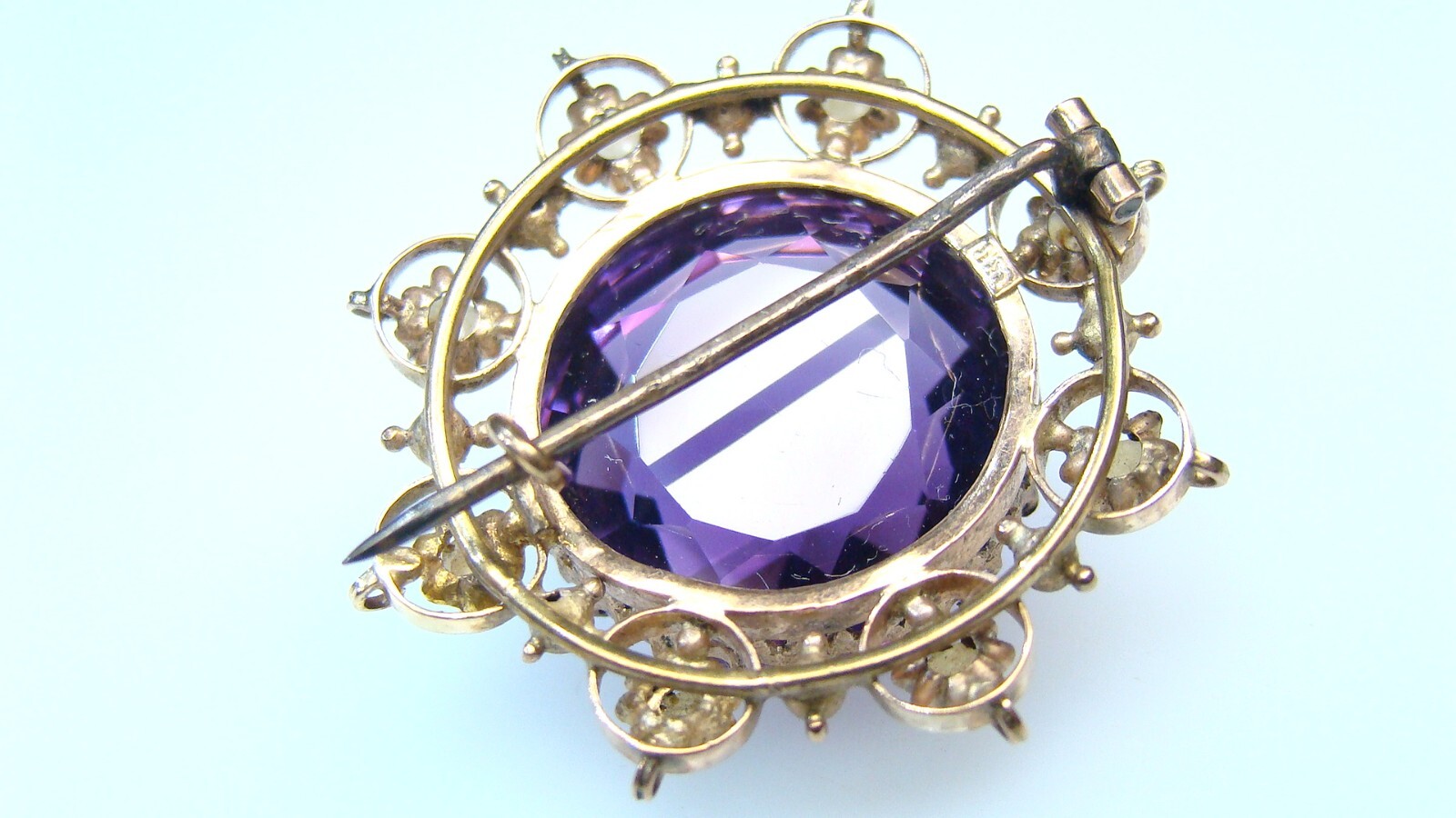 🌟Large Antique 8K Gold Amethyst w Pearls Pin & Faceted Dome-Shaped Stone