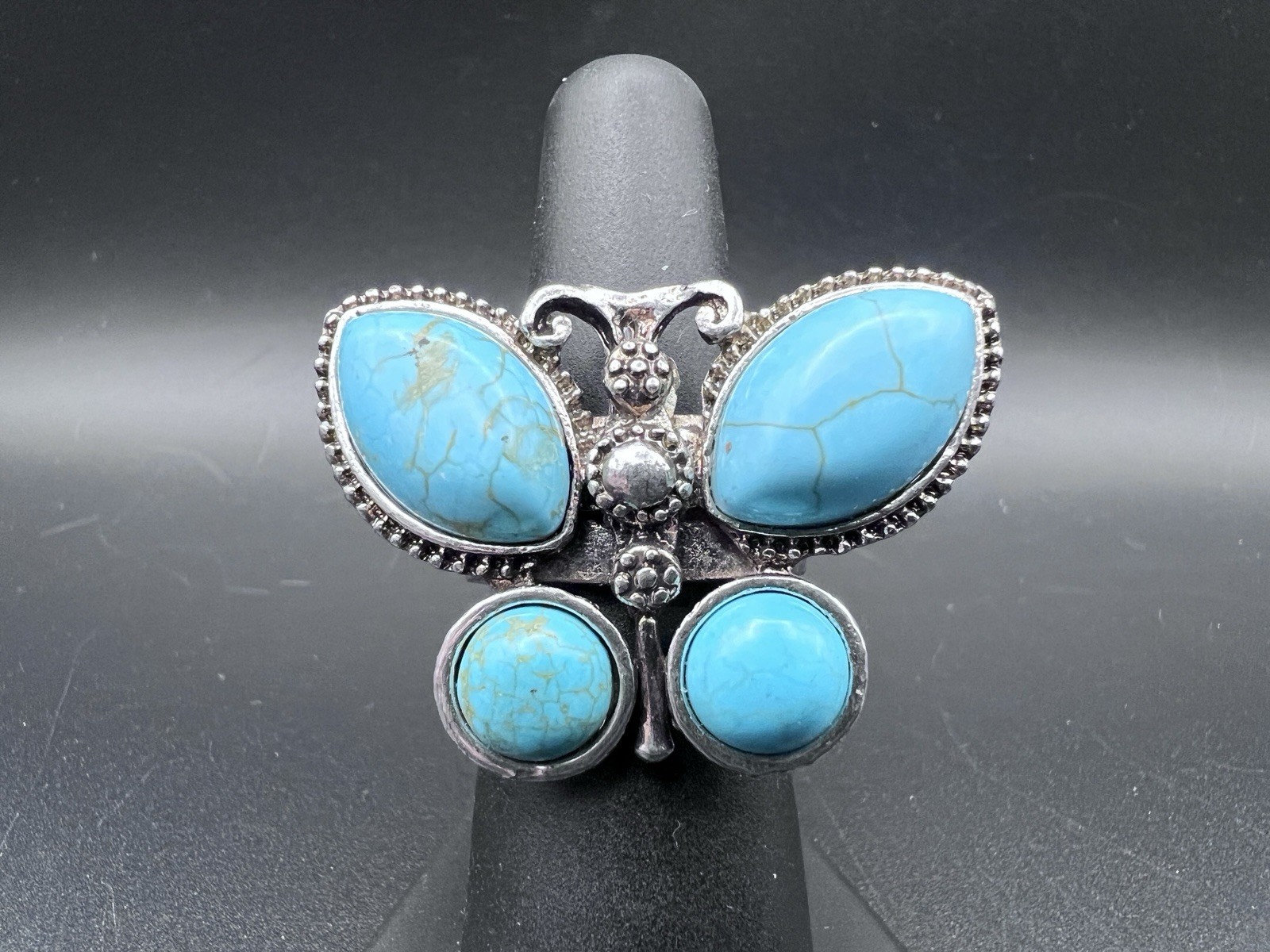 Vintage Butterfly Statement Ring Blue Cabochons Silver Tone Size 6.5