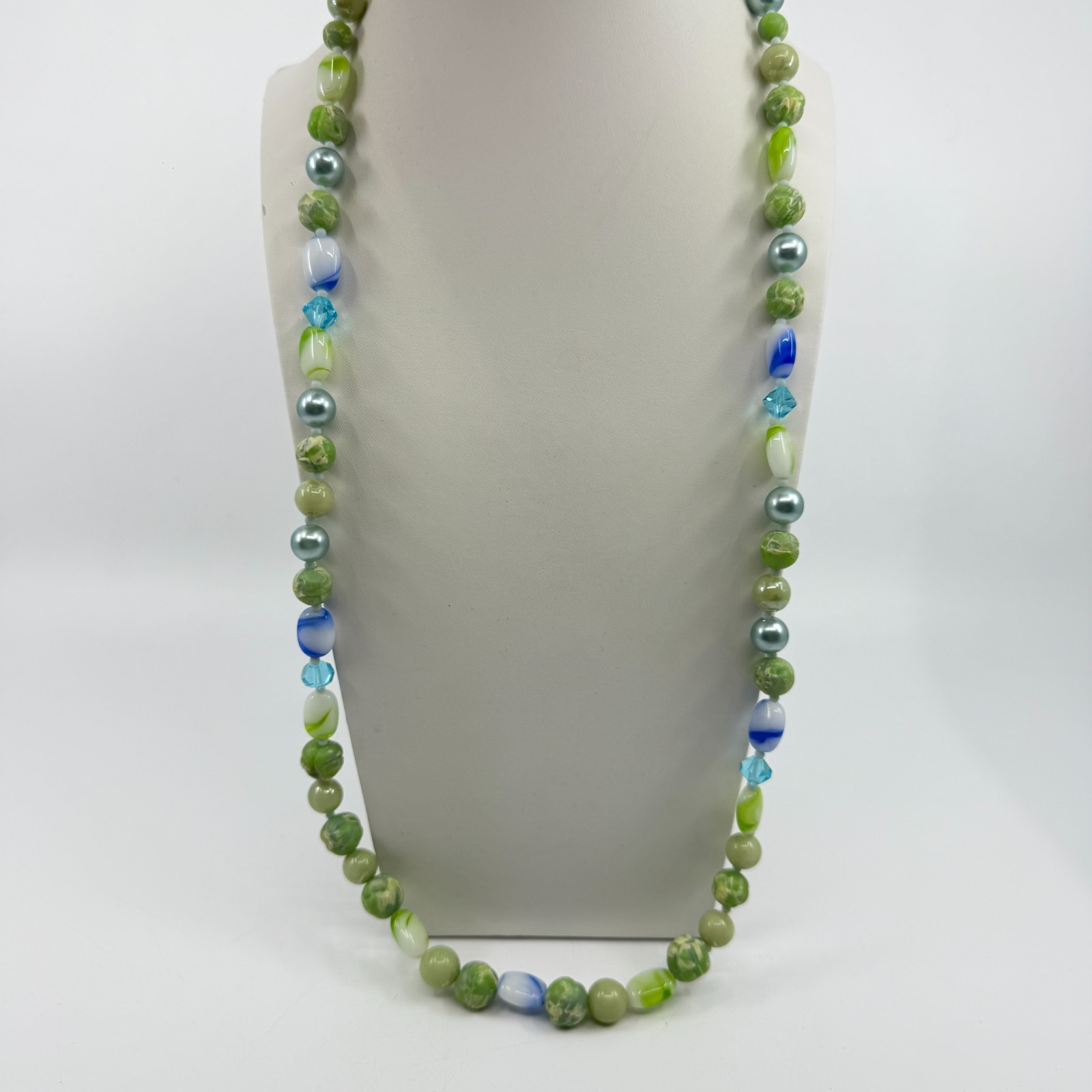 Green & Blue Bead Statement Necklace Boho Layering Jewelry Unique Beachy Gift